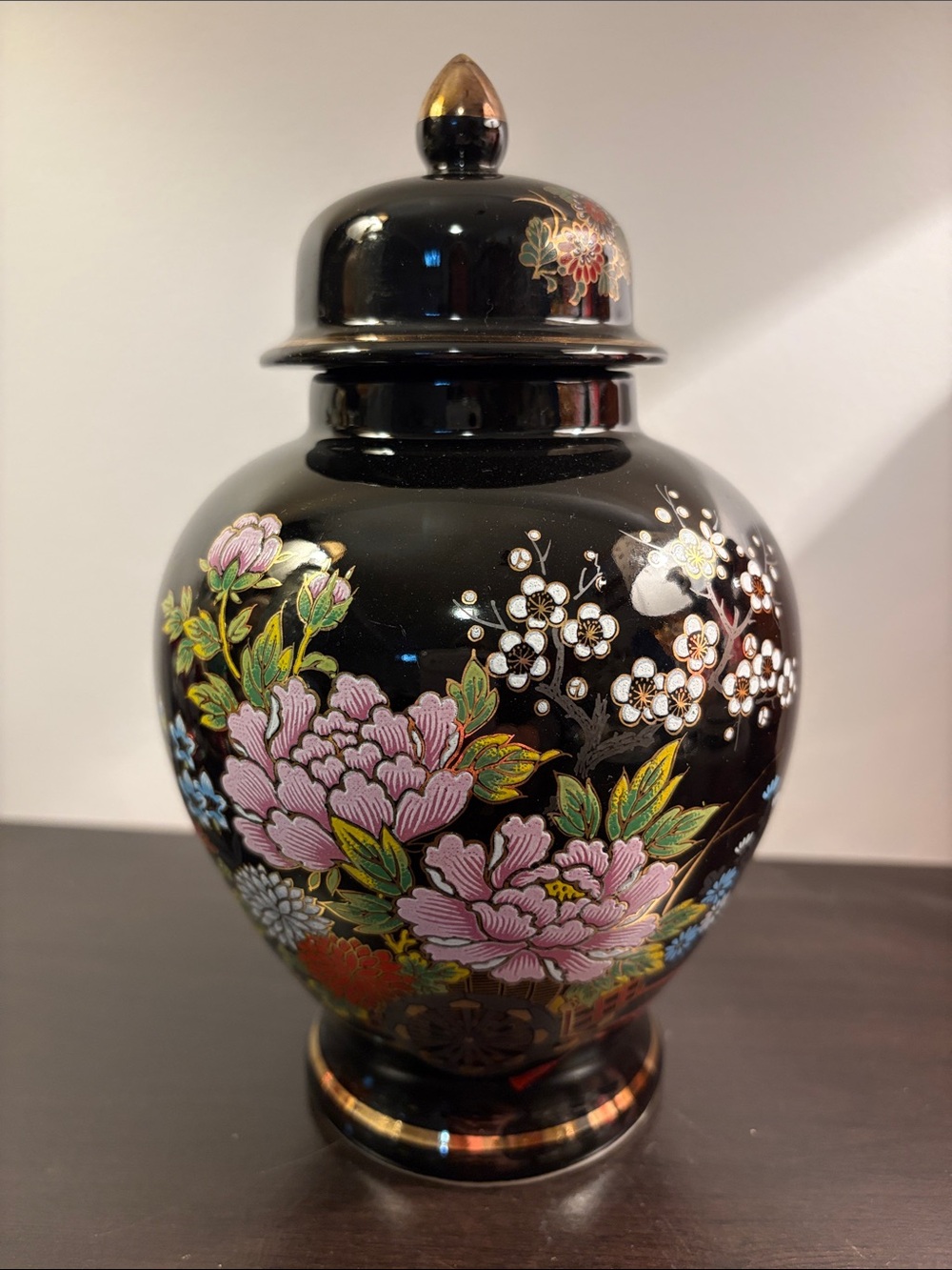 Black Floral Lidded Ginger Jar